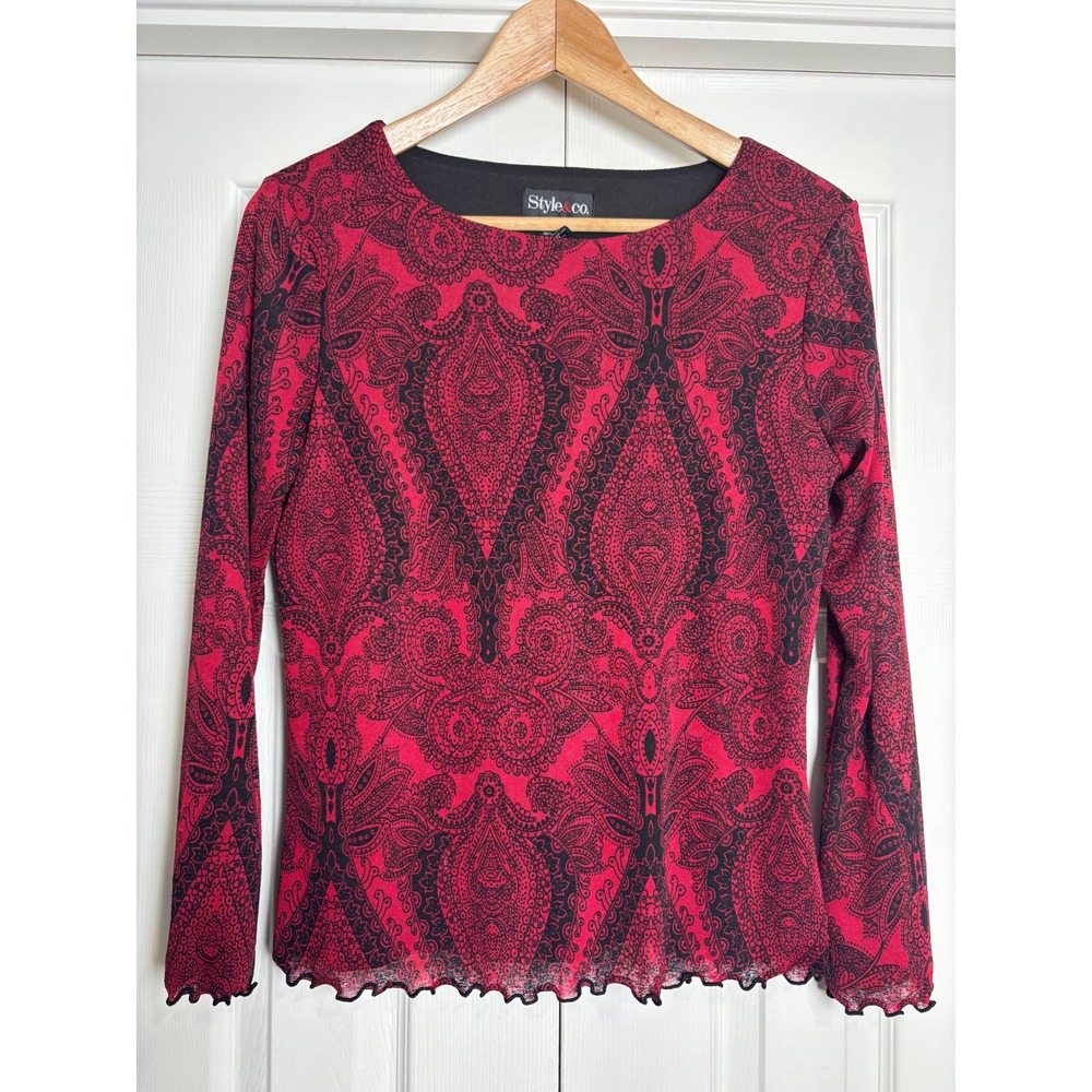 Style & Co Red Black Paisley Mesh Long Sleeve Lettuce Trim Top Medium